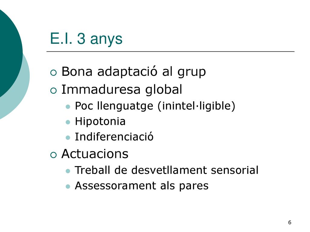 E.I. 3 anys Bona adaptació al grup Immaduresa global Actuacions