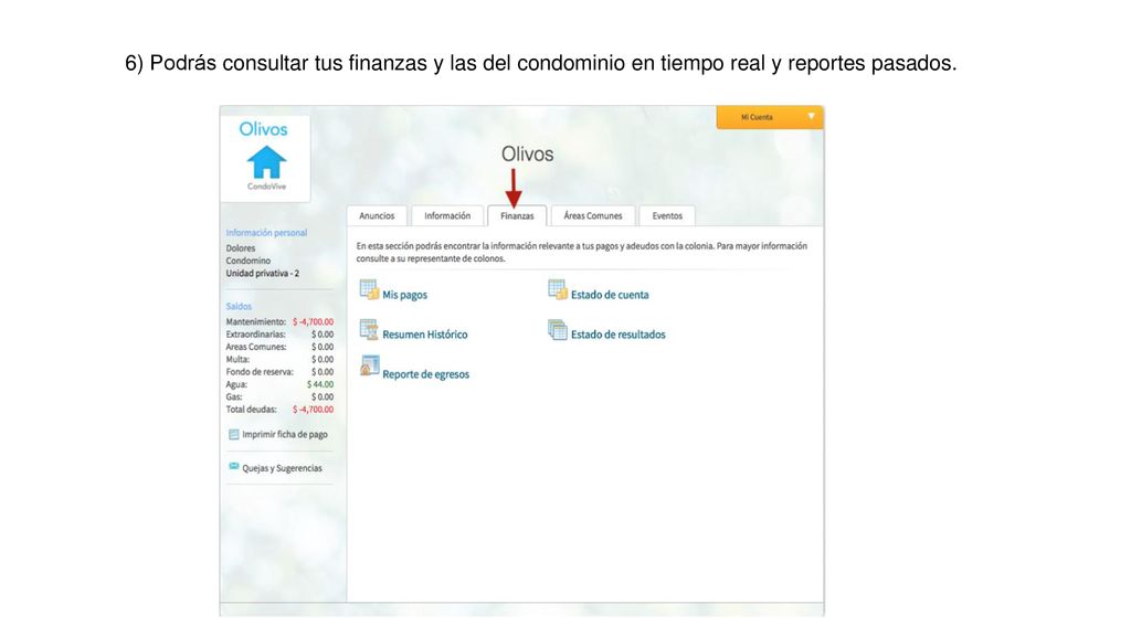 6) Podrás consultar tus finanzas y las del condominio en tiempo real y reportes pasados.