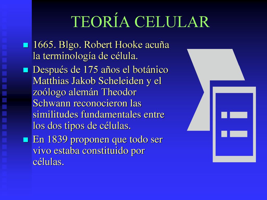 TEORÍA CELULAR Blgo. Robert Hooke acuña la terminología de célula.