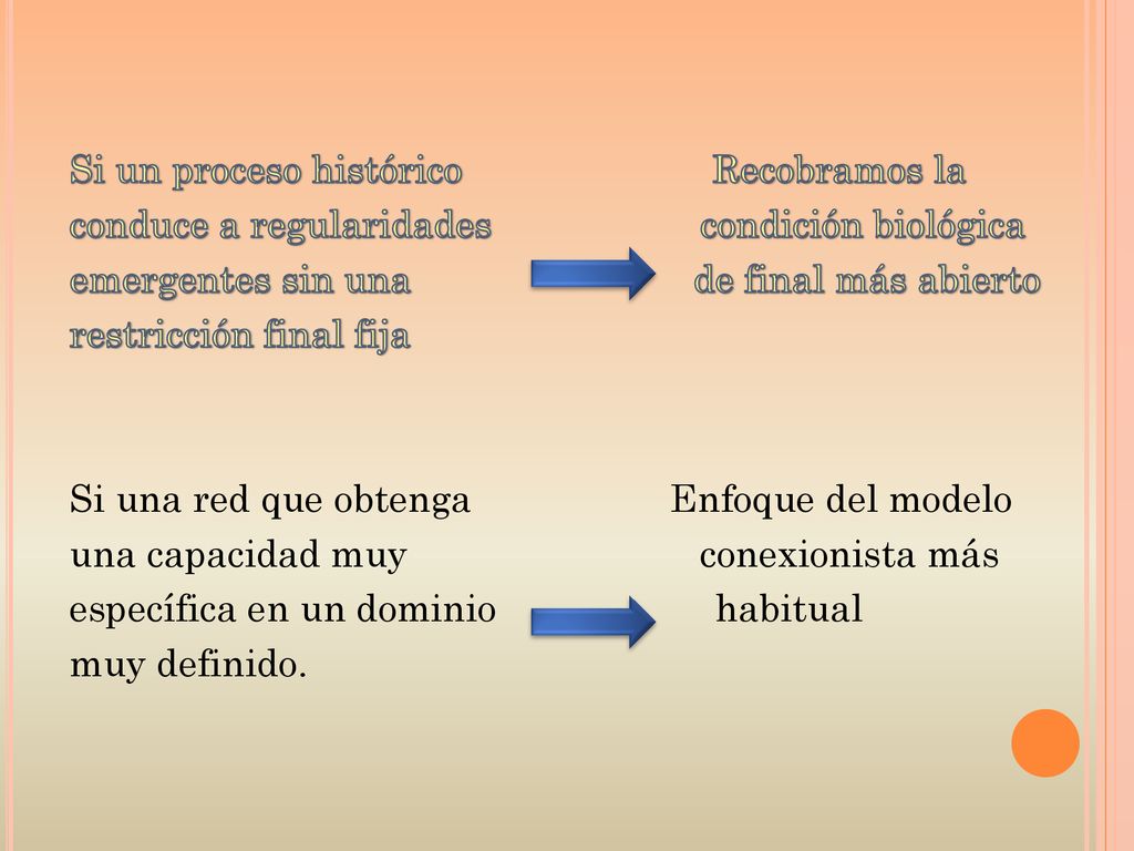 Si un proceso histórico Recobramos la conduce a regularidades condición biológica emergentes sin una de final más abierto restricción final fija Si una red que obtenga Enfoque del modelo una capacidad muy conexionista más específica en un dominio habitual muy definido.