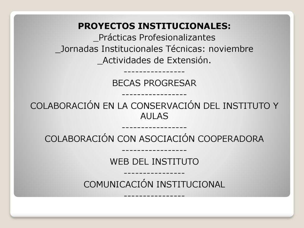PROYECTOS INSTITUCIONALES: _Prácticas Profesionalizantes _Jornadas Institucionales Técnicas: noviembre _Actividades de Extensión.