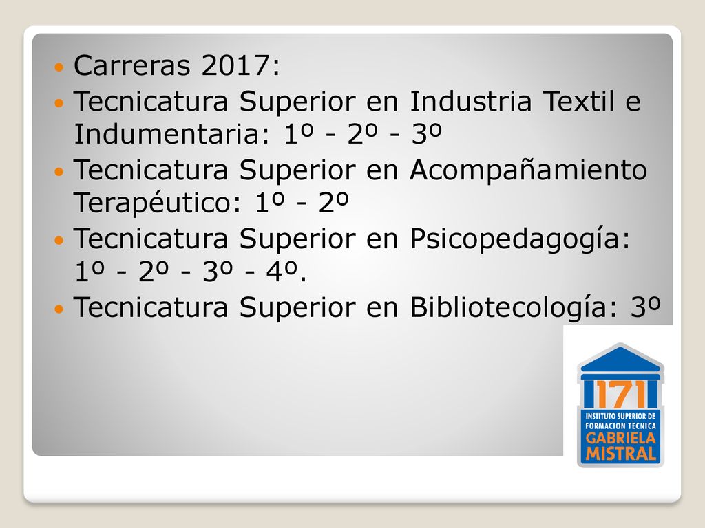 Carreras 2017: Tecnicatura Superior en Industria Textil e Indumentaria: 1º - 2º - 3º. Tecnicatura Superior en Acompañamiento Terapéutico: 1º - 2º.