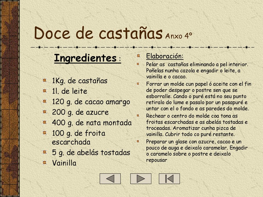 Doce de castañas Anxo 4º Ingredientes : 1Kg. de castañas 1l. de leite