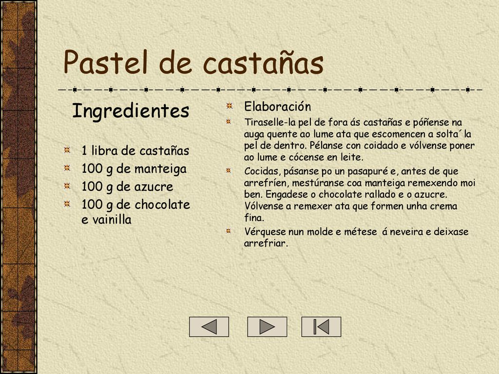 Pastel de castañas Ingredientes Elaboración 1 libra de castañas