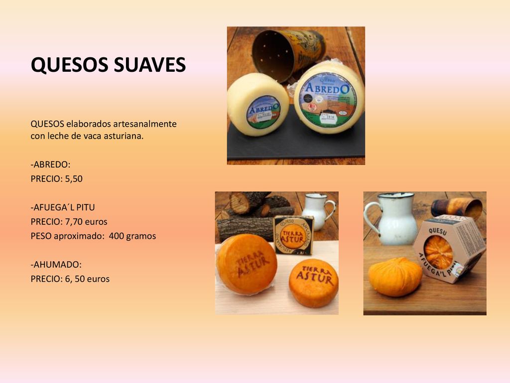 QUESOS SUAVES QUESOS elaborados artesanalmente con leche de vaca asturiana. ABREDO: PRECIO: 5,50.