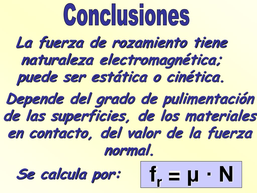 Conclusiones La fuerza de rozamiento tiene naturaleza electromagnética; puede ser estática o cinética.