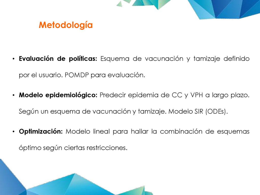 Metodología Evaluación de políticas: Esquema de vacunación y tamizaje definido por el usuario. POMDP para evaluación.