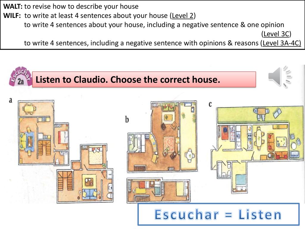 Escuchar = Listen Listen to Claudio. Choose the correct house.