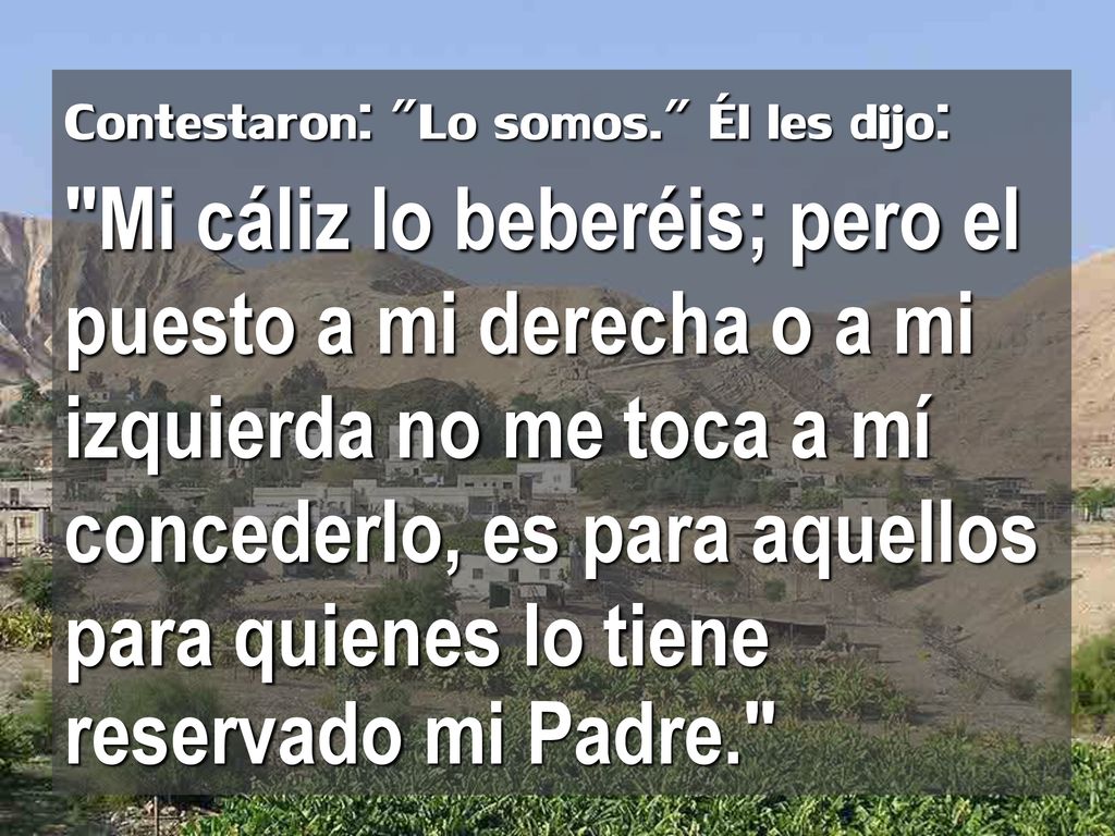 Contestaron: Lo somos. Él les dijo: Mi cáliz lo beberéis; pero el puesto a mi derecha o a mi izquierda no me toca a mí concederlo, es para aquellos para quienes lo tiene reservado mi Padre.