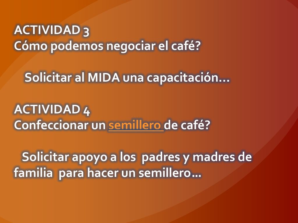 ACTIVIDAD 3 Cómo podemos negociar el café Solicitar al MIDA una capacitación… ACTIVIDAD 4. Confeccionar un semillero de café