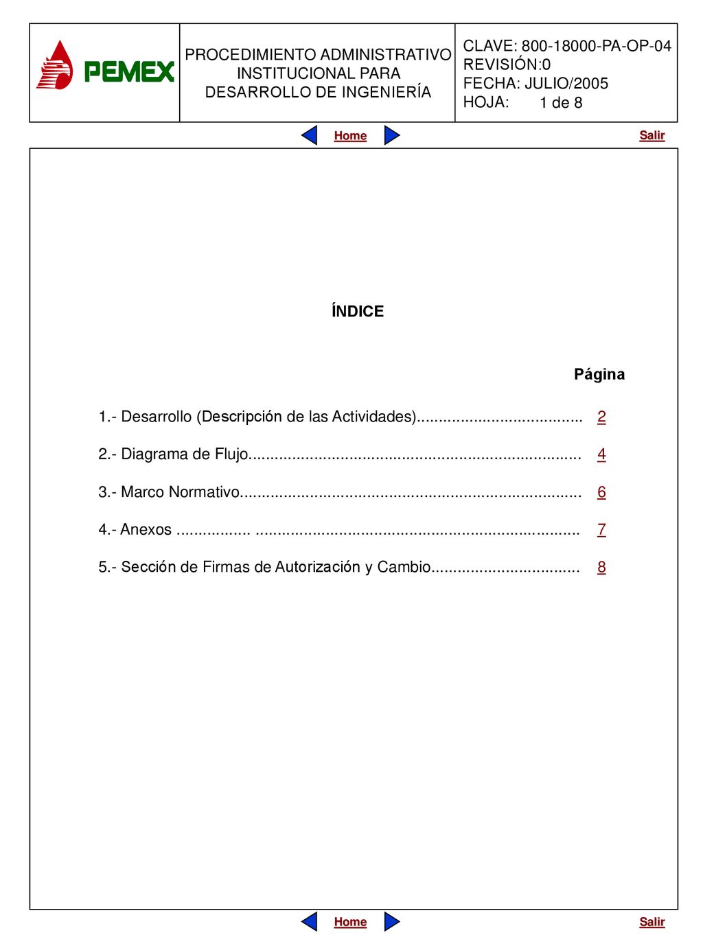 1 de 8 ÍNDICE. Página. 1.- Desarrollo (Descripción de las Actividades)