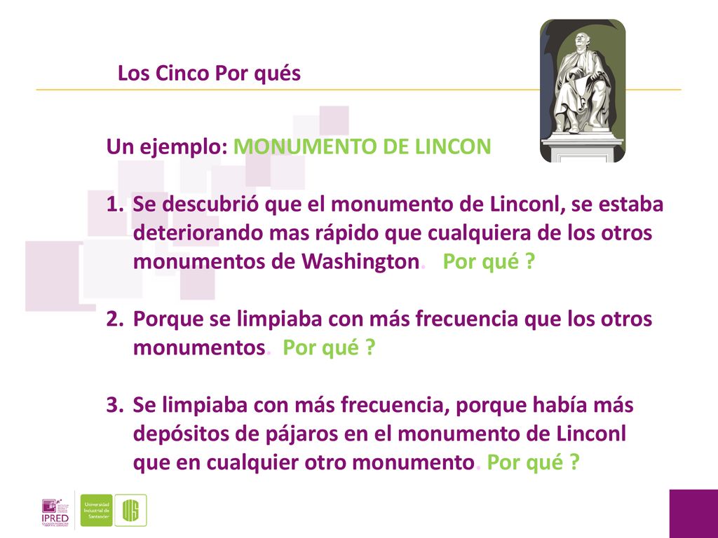 Los Cinco Por qués Un ejemplo: MONUMENTO DE LINCON.