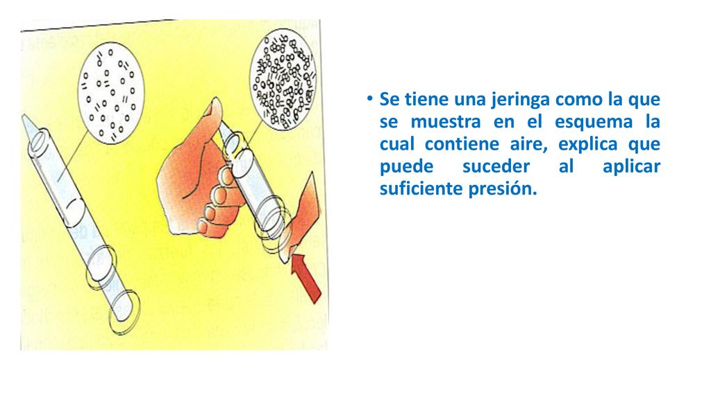 Se tiene una jeringa como la que se muestra en el esquema la cual contiene aire, explica que puede suceder al aplicar suficiente presión.