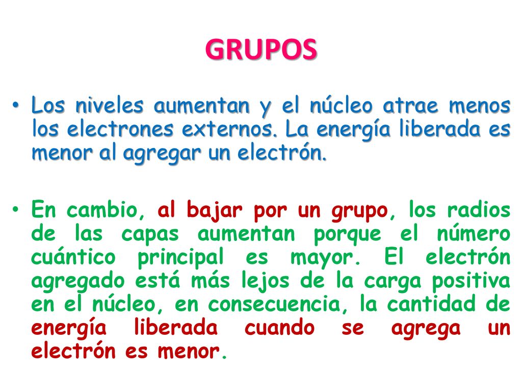 GRUPOS Los niveles aumentan y el núcleo atrae menos los electrones externos. La energía liberada es menor al agregar un electrón.