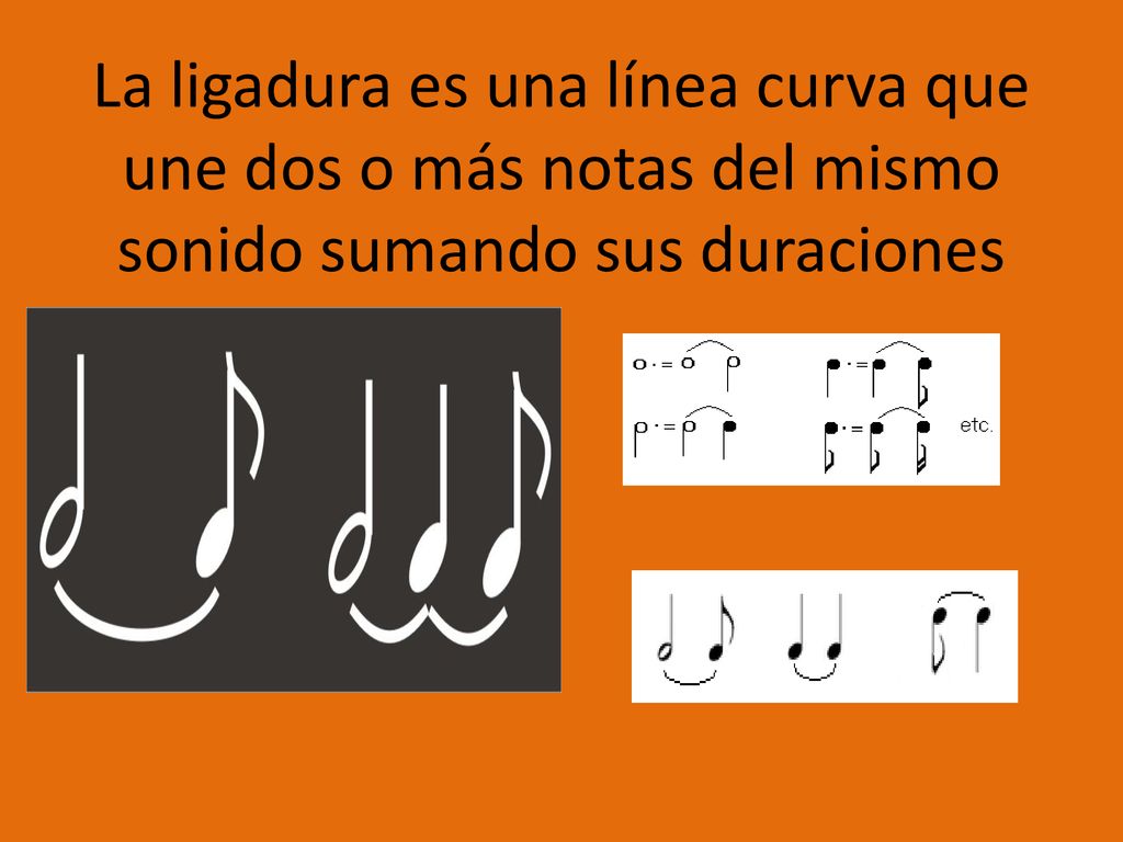 La ligadura es una línea curva que une dos o más notas del mismo sonido sumando sus duraciones