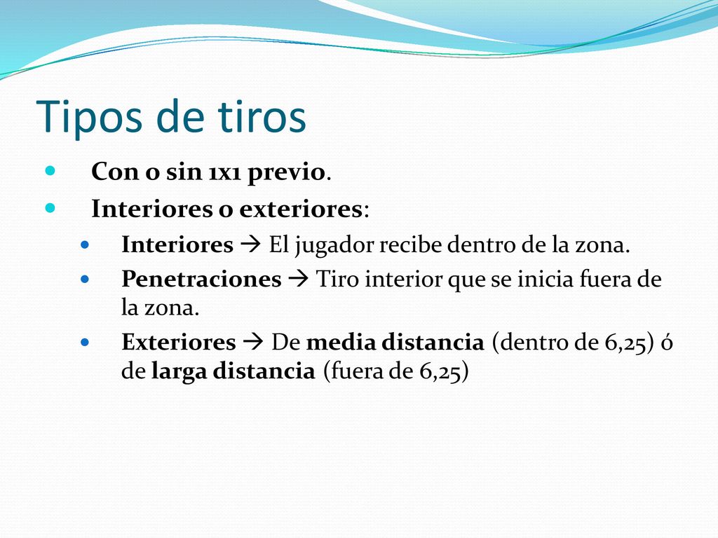Tipos de tiros Con o sin 1x1 previo. Interiores o exteriores: