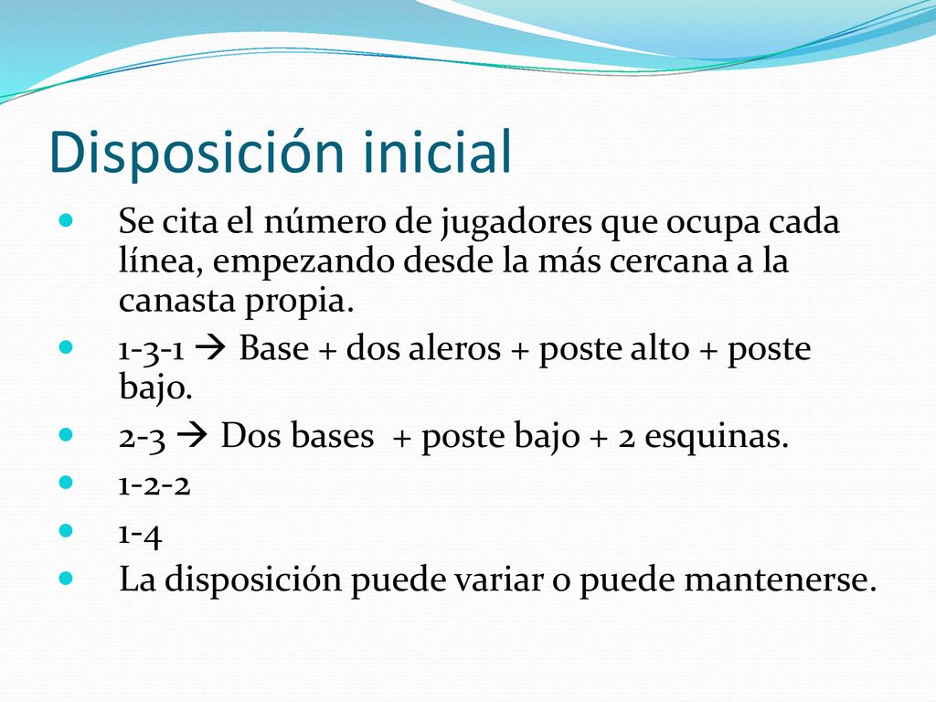 Disposición inicial Se cita el número de jugadores que ocupa cada línea, empezando desde la más cercana a la canasta propia.