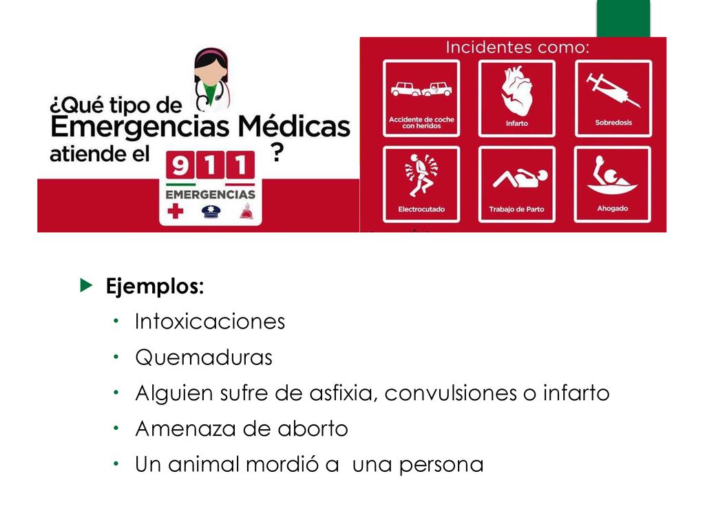 Ejemplos: Intoxicaciones. Quemaduras. Alguien sufre de asfixia, convulsiones o infarto. Amenaza de aborto.