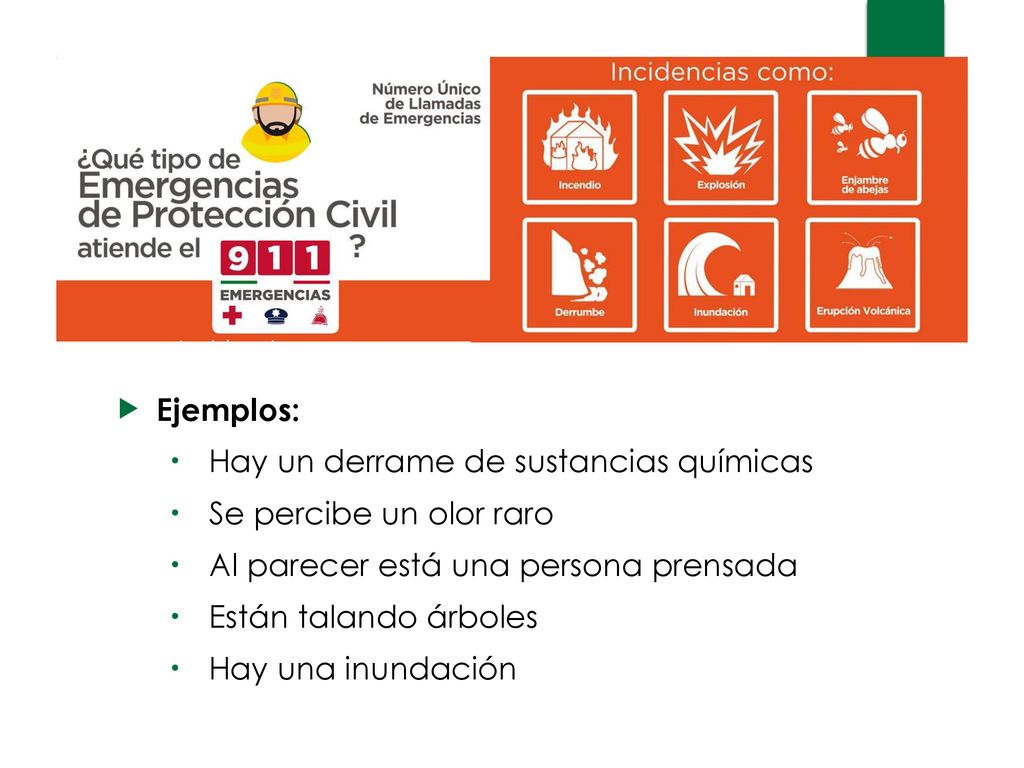 Ejemplos: Hay un derrame de sustancias químicas. Se percibe un olor raro. Al parecer está una persona prensada.