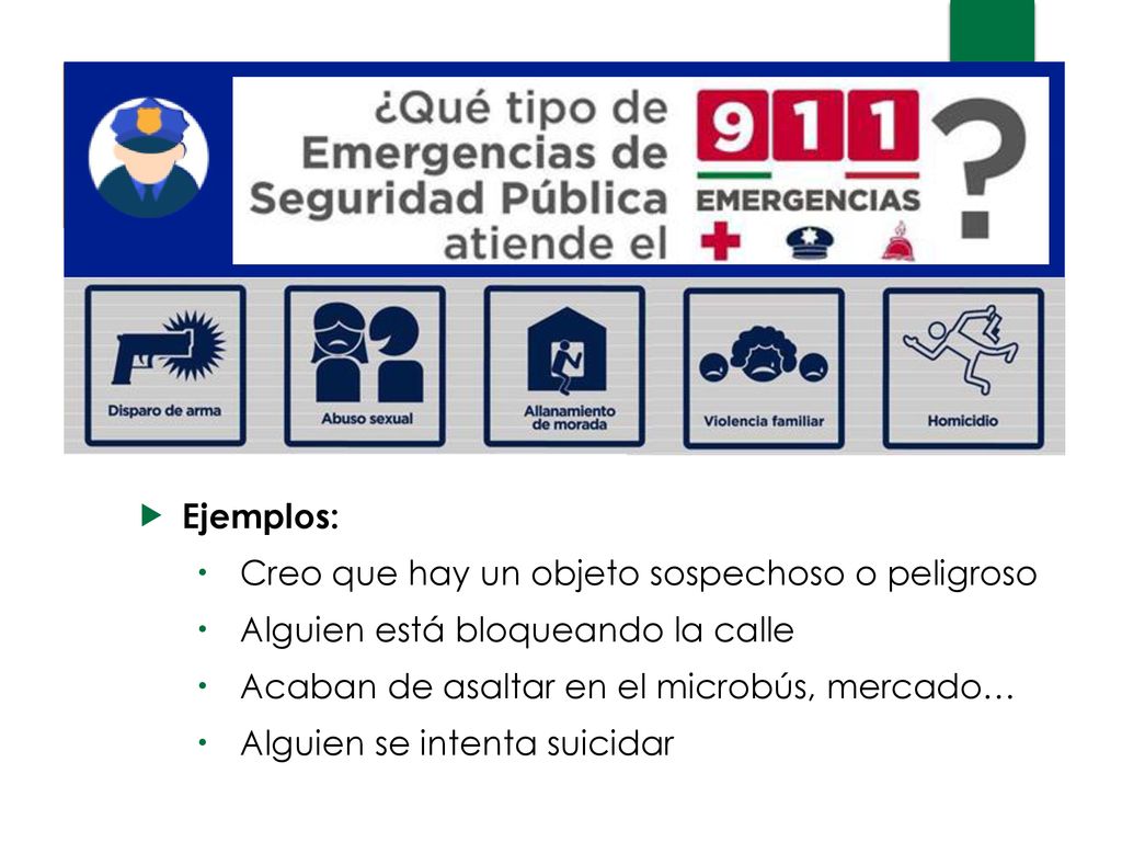 Ejemplos: Creo que hay un objeto sospechoso o peligroso. Alguien está bloqueando la calle. Acaban de asaltar en el microbús, mercado…