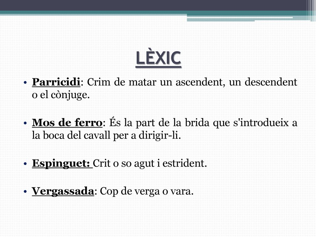 LÈXIC Parricidi: Crim de matar un ascendent, un descendent o el cònjuge.