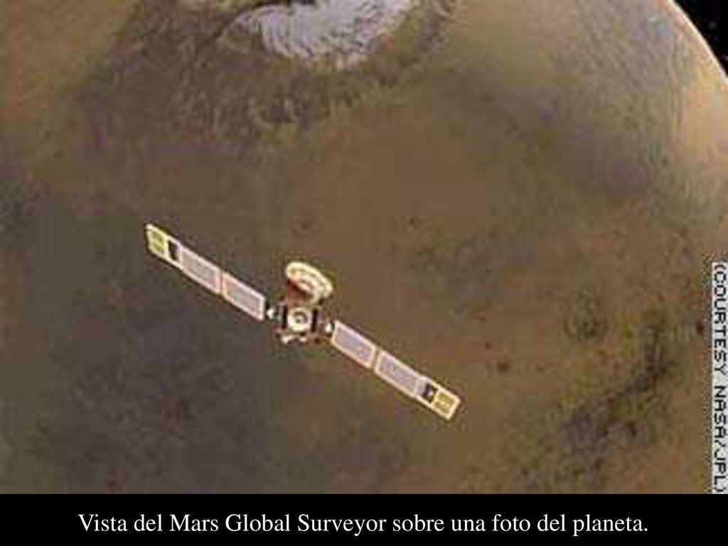 Vista del Mars Global Surveyor sobre una foto del planeta.