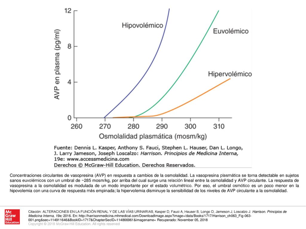 Concentraciones circulantes de vasopresina (AVP) en respuesta a cambios de la osmolalidad. La vasopresina plasmática se torna detectable en sujetos sanos euvolémicos con un umbral de ~285 mosm/kg, por arriba del cual surge una relación lineal entre la osmolalidad y AVP circulante. La respuesta de vasopresina a la osmolalidad es modulada de un modo importante por el estado volumétrico. Por eso, el umbral osmótico es un poco menor en la hipovolemia con una curva de respuesta más empinada; la hipervolemia disminuye la sensibilidad de los niveles de AVP circulante a la osmolalidad.