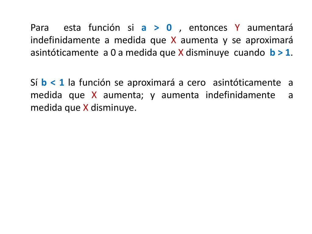 Para esta función si a > 0 , entonces Y aumentará indefinidamente a medida que X aumenta y se aproximará asintóticamente a 0 a medida que X disminuye cuando b > 1.