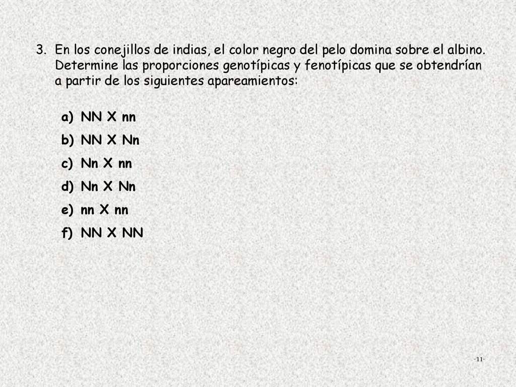 En los conejillos de indias, el color negro del pelo domina sobre el albino. Determine las proporciones genotípicas y fenotípicas que se obtendrían a partir de los siguientes apareamientos: