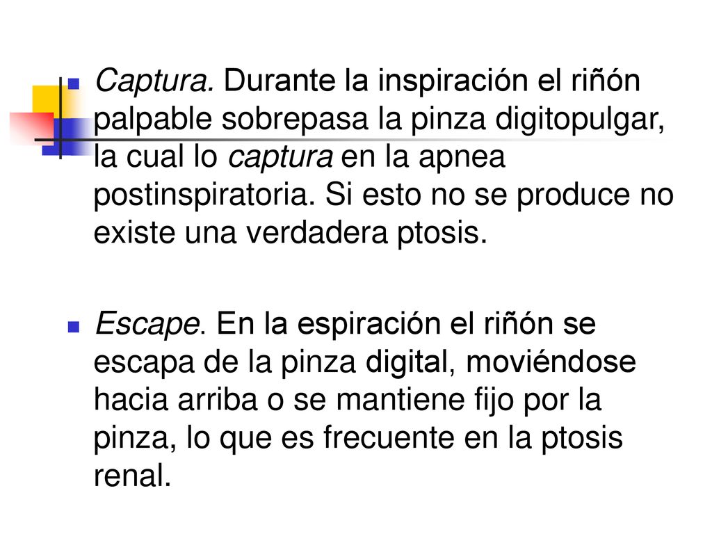 Captura. Durante la inspiración el riñón palpable sobrepasa la pinza digitopulgar, la cual lo captura en la apnea postinspiratoria. Si esto no se produce no existe una verdadera ptosis.