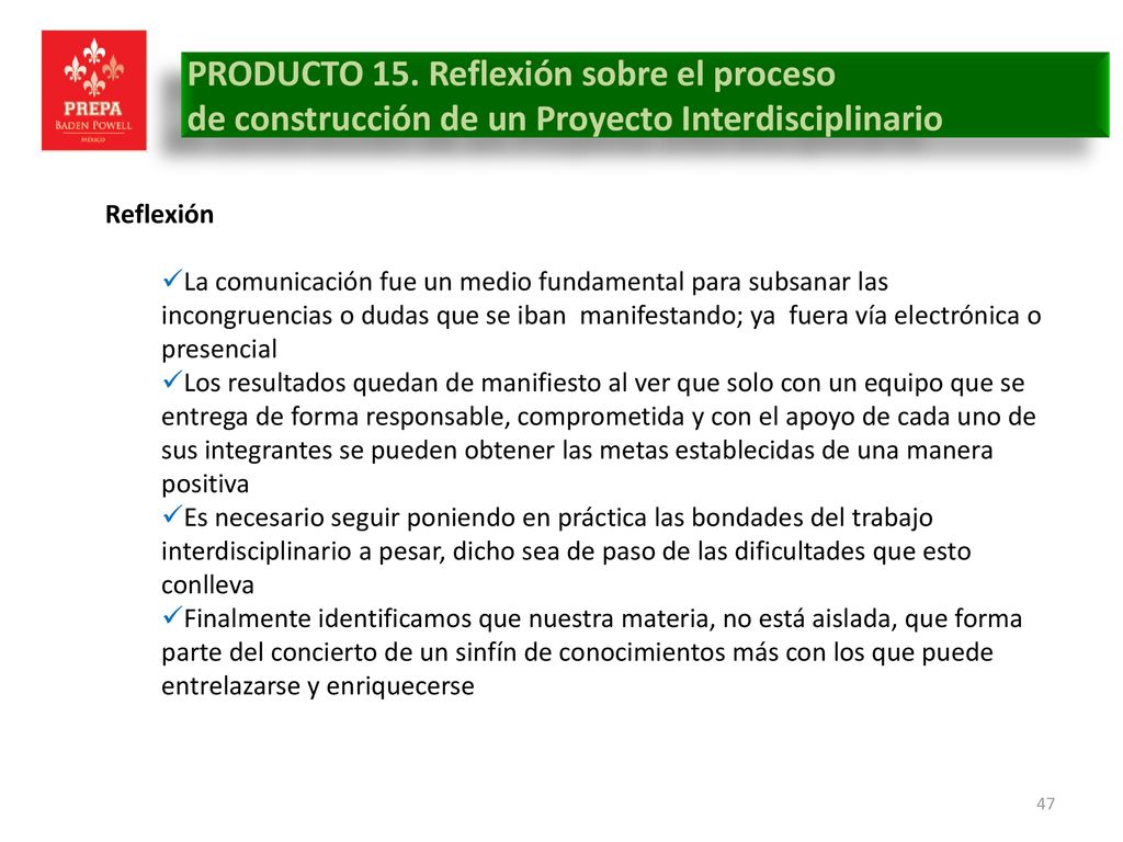 PRODUCTO 15. Reflexión sobre el proceso de construcción de un Proyecto Interdisciplinario