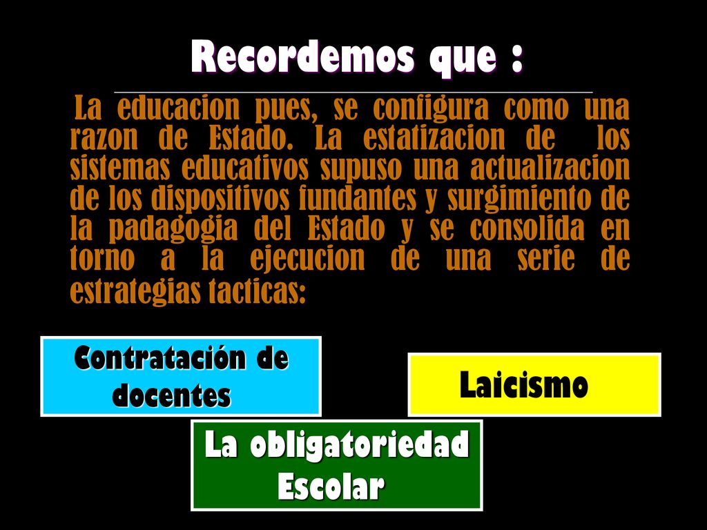 Recordemos que : Laicismo La obligatoriedad Escolar