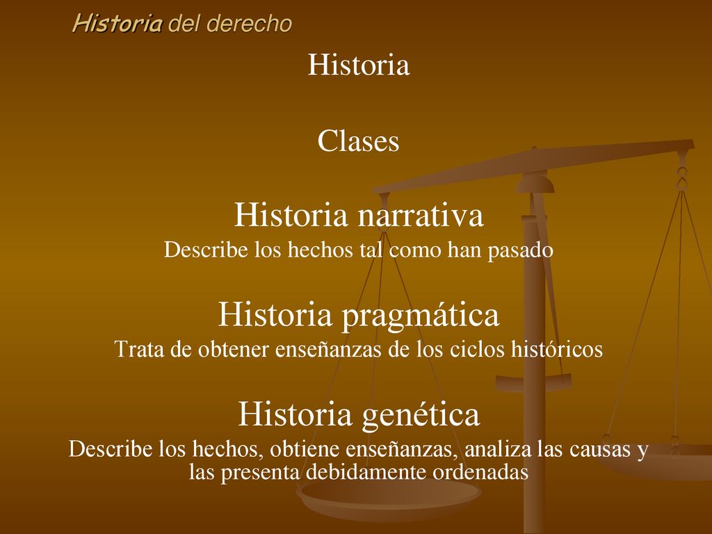 Historia narrativa Historia pragmática Historia genética Historia