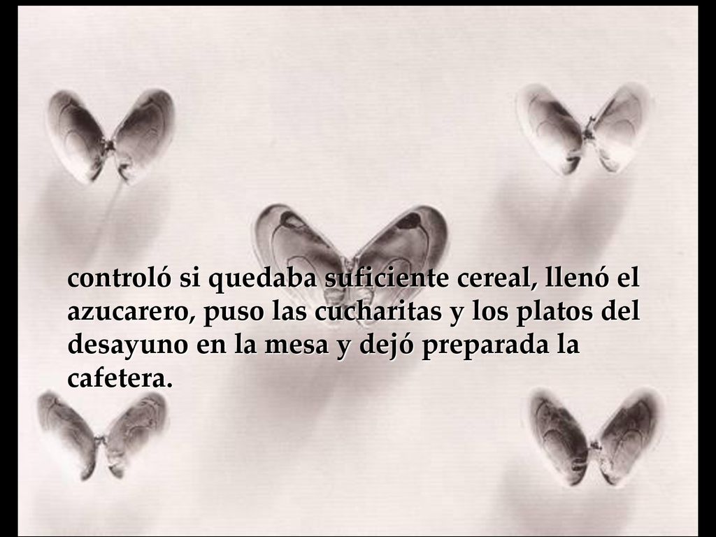 controló si quedaba suficiente cereal, llenó el azucarero, puso las cucharitas y los platos del desayuno en la mesa y dejó preparada la cafetera.