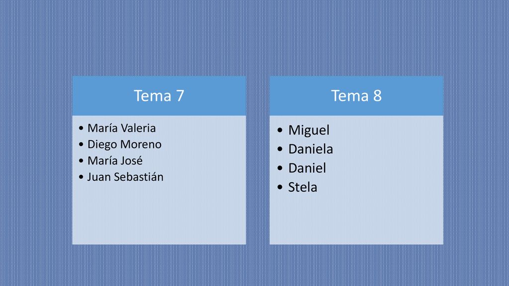 Tema 7 Tema 8 Miguel Daniela Daniel Stela María Valeria Diego Moreno