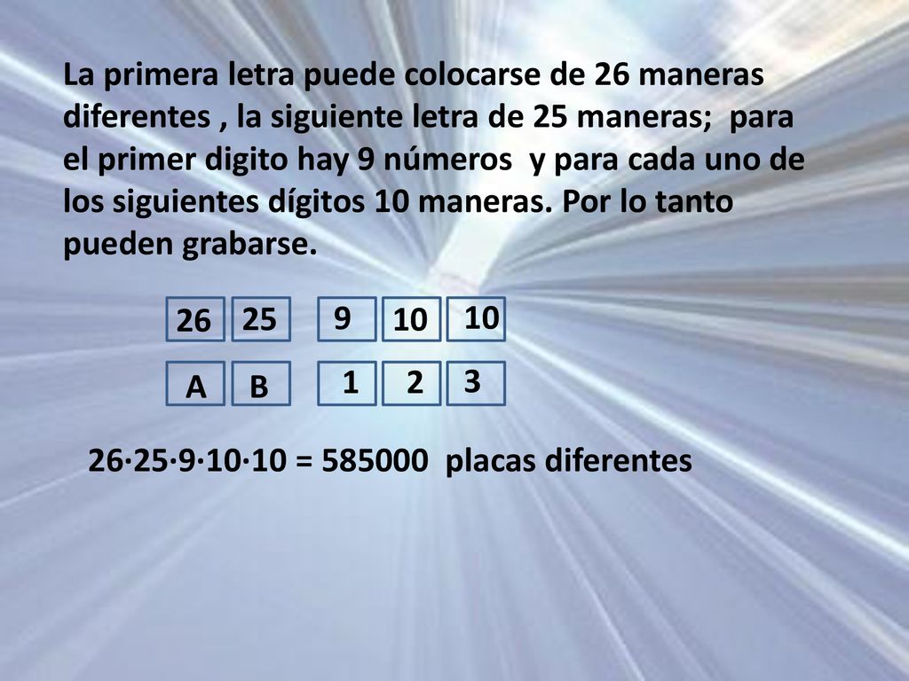 La primera letra puede colocarse de 26 maneras diferentes , la siguiente letra de 25 maneras; para el primer digito hay 9 números y para cada uno de los siguientes dígitos 10 maneras. Por lo tanto pueden grabarse.