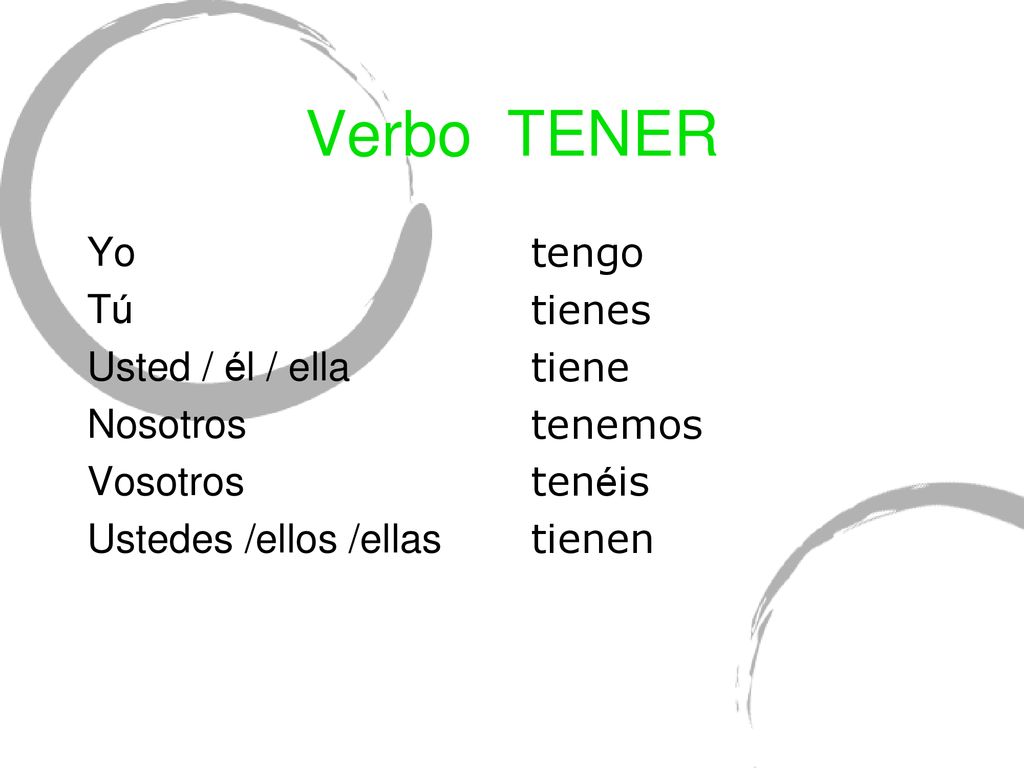 Verbo TENER Yo Tú Usted / él / ella Nosotros Vosotros