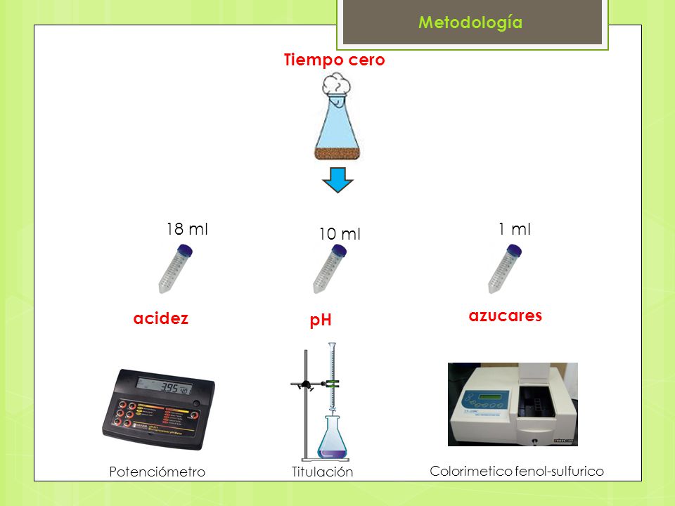Metodología Tiempo cero 18 ml 1 ml 10 ml acidez azucares pH