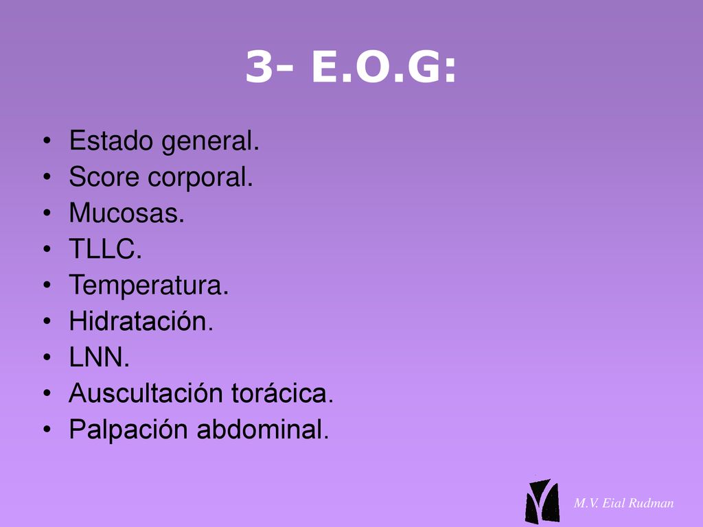 3- E.O.G: Estado general. Score corporal. Mucosas. TLLC. Temperatura.