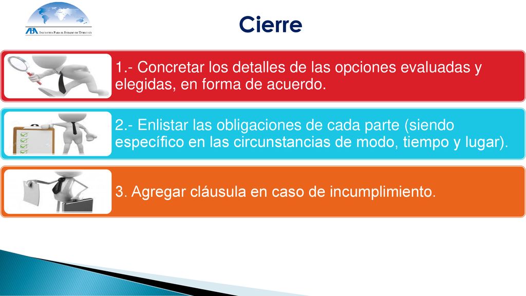 Cierre 1.- Concretar los detalles de las opciones evaluadas y elegidas, en forma de acuerdo.