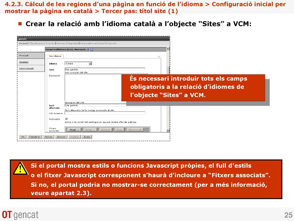 Crear la relació amb l’idioma català a l’objecte Sites a VCM:
