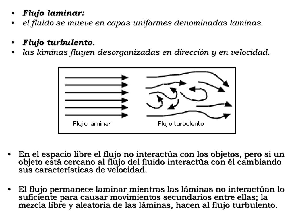 Flujo laminar: el fluido se mueve en capas uniformes denominadas laminas. Flujo turbulento.