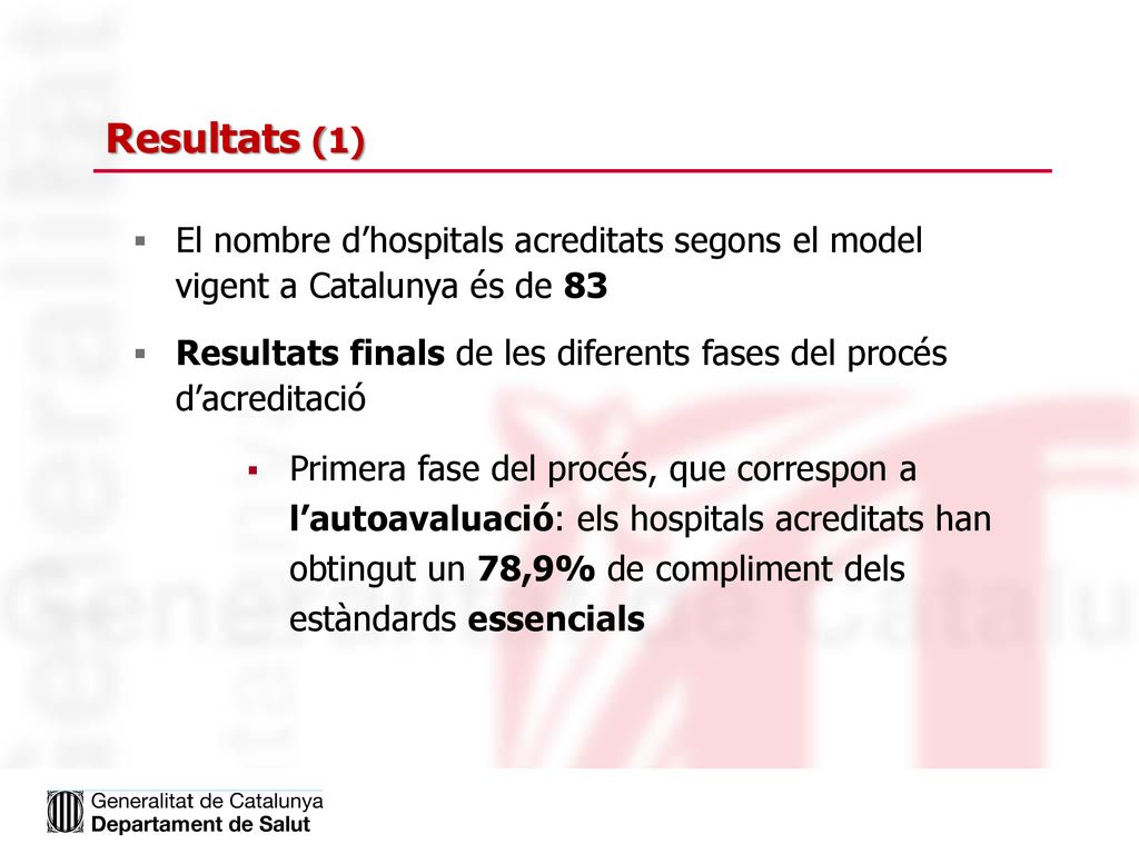 Resultats (1) El nombre d’hospitals acreditats segons el model vigent a Catalunya és de 83.