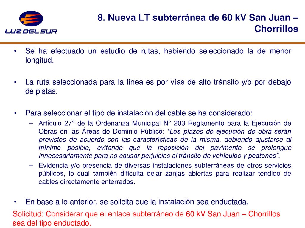 8. Nueva LT subterránea de 60 kV San Juan – Chorrillos