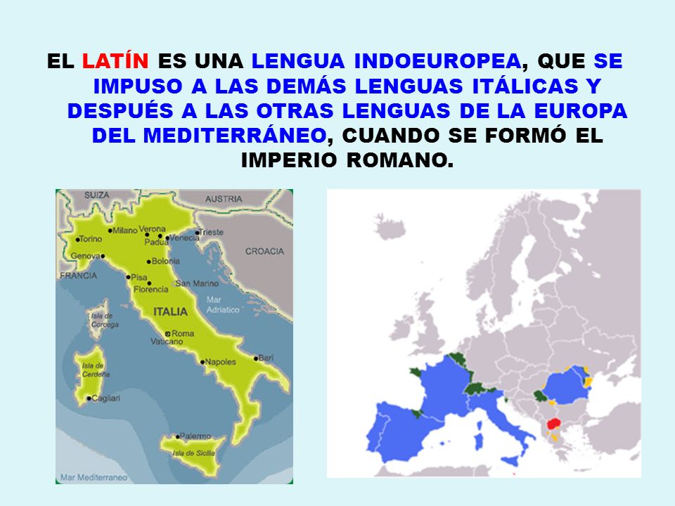 EL LATÍN ES UNA LENGUA INDOEUROPEA, QUE SE IMPUSO A LAS DEMÁS LENGUAS ITÁLICAS Y DESPUÉS A LAS OTRAS LENGUAS DE LA EUROPA DEL MEDITERRÁNEO, CUANDO SE FORMÓ EL IMPERIO ROMANO.