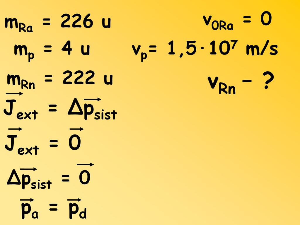 vRn – Jext = Δpsist Jext = 0 pa = pd v0Ra = 0 mRa = 226 u mp = 4 u