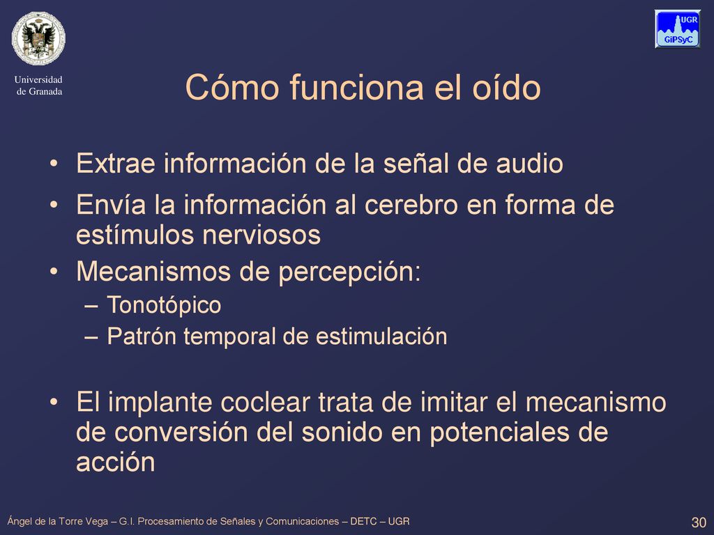 Cómo funciona el oído Extrae información de la señal de audio