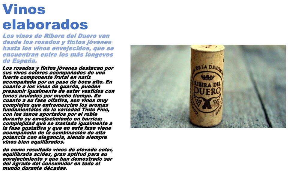 Vinos elaborados Los vinos de Ribera del Duero van desde los rosados y tintos jóvenes hasta los vinos envejecidos, que se encuentran entre los más longevos de España.