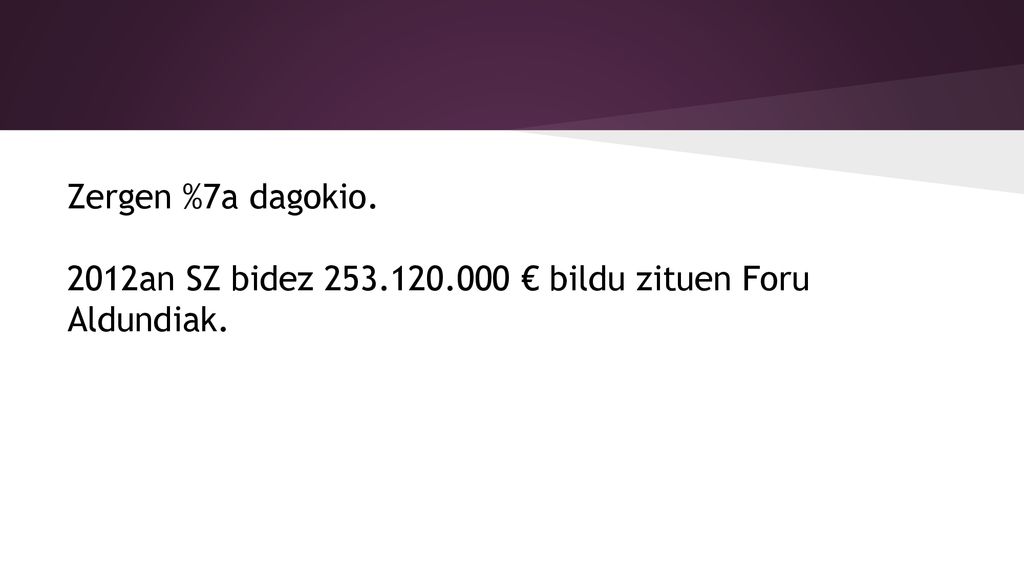 Zergen %7a dagokio. 2012an SZ bidez € bildu zituen Foru Aldundiak.