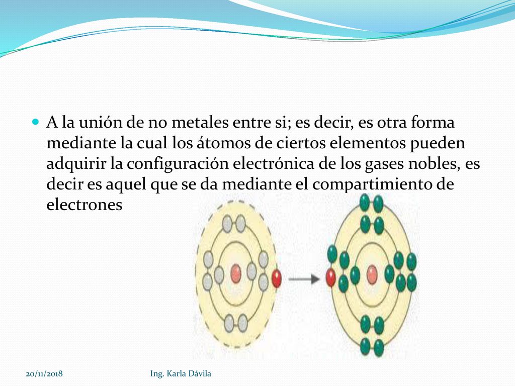 A la unión de no metales entre si; es decir, es otra forma mediante la cual los átomos de ciertos elementos pueden adquirir la configuración electrónica de los gases nobles, es decir es aquel que se da mediante el compartimiento de electrones